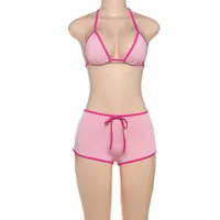 Spring And Summer New Women's Sexy Spice Girl Color-matching Neck Strap Backless Bikini Shorts Two-piece Set sku image 2