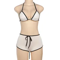 Spring And Summer New Women's Sexy Spice Girl Color-matching Neck Strap Backless Bikini Shorts Two-piece Set sku image 5