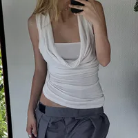 Sexy Spice Girl Style Flap Collar Fold Fake Two-piece Sleeveless T-shirt  Solid Color Slim-fit Slim-fit Outer Vest main image 4