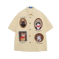 Jiayiku Men's  Summer American Style Antique Fashion Brand Heavy Industry Embroidered Cat Lazy Short-sleeved Shirt For Men And Women main image 1