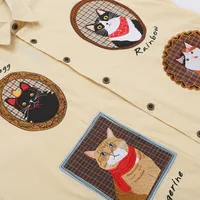 Jiayiku Men's  Summer American Style Antique Fashion Brand Heavy Industry Embroidered Cat Lazy Short-sleeved Shirt For Men And Women main image 2