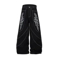 Spring  High Street RO Wind Structure Split Flame Embroidery Washed Primary Color Jeans Loose Wide Leg Pants main image 1