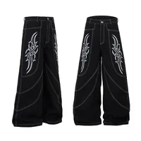 Spring  High Street RO Wind Structure Split Flame Embroidery Washed Primary Color Jeans Loose Wide Leg Pants main image 5