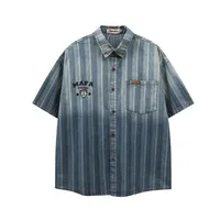 Jiayi Library Men's  New American Retro Gradual Color Washed Striped Denim Shirt Loose Short-sleeved Shirt main image 1