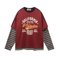 Jiayi Library Men's  Spring New American Jersey Striped Stitching Fake Two-piece Sweatshirt Long-sleeved T-shirt Men main image 1
