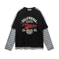 Jiayi Library Men's  Spring New American Jersey Striped Stitching Fake Two-piece Sweatshirt Long-sleeved T-shirt Men main image 2