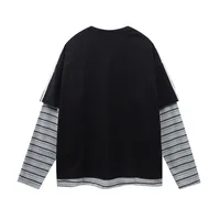 Jiayi Library Men's  Spring New American Jersey Striped Stitching Fake Two-piece Sweatshirt Long-sleeved T-shirt Men main image 3