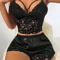 European Style Lace Short Tops And Shorts Pajamas Suit Women's Summer Casual Sexy Home Wear V-neck Sleeveless Polyester main image 3