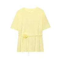Ladies Basic Floral Pattern T-shirt Fashionable Casual Wear Polyester Fabric Round Neck Short Sleeve Comfortable Summer Top sku image 5