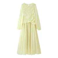 Women's Long Sleeve Bubble Pleated Dress Casual Comfortable Sleeveless Breathable Summer Dress Elegant Romantic Style Polyester Fabric Floor Length Dresses sku image 5