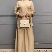Middle East  Solid Color Lace-Up Top Skirt Suit Dubai Loose Casual Suit Women's Dress main image 1