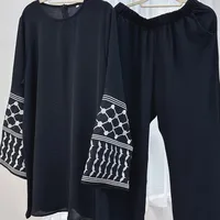 Foreign Trade Women's Muslim Clothing Abaya Embroidered Top With Wide Leg Pants Two-piece Set sku image 2