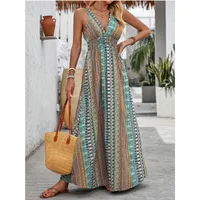 Wholesale Women's Elegant Vacation Printing Casual Holiday Plunging Neck Sleeveless Swing Dress sku image 8