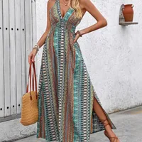 Wholesale Women's Elegant Vacation Printing Casual Holiday Plunging Neck Sleeveless Swing Dress main image 3