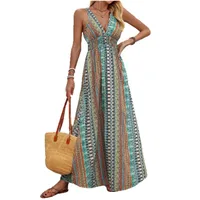 Wholesale Women's Elegant Vacation Printing Casual Holiday Plunging Neck Sleeveless Swing Dress main image 4