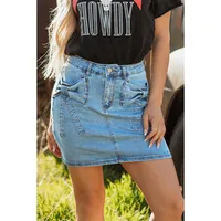 Summer New Pure Color High Waist Denim Mini Skirt Women's Personality Trendy Cotton Polyester A-Line Skirt With Butterfly Knot main image 2