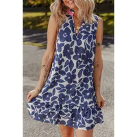 Summer 2025 Floral Print V-neck Women's Dress Fashion Loose Knee-length Short Skirt Casual Style High Waist One-step Dress main image 3