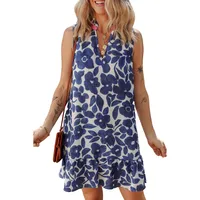 Summer 2025 Floral Print V-neck Women's Dress Fashion Loose Knee-length Short Skirt Casual Style High Waist One-step Dress sku image 2