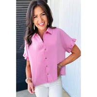 Summer New Pure Color Shirt Women's Casual Style Multi-Button Turn-down Collar Pleated Sleeve Short Sleeve Loose Fit Top main image 3