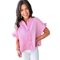Summer New Pure Color Shirt Women's Casual Style Multi-Button Turn-down Collar Pleated Sleeve Short Sleeve Loose Fit Top sku image 2
