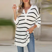 Summer 2025 Women's V-neck 7/8 Sleeve Printed T-shirt Casual Versatile Long Style Loose Fit Top  Fashion main image 1