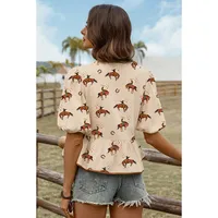 Summer 2025 Women's Short Sleeve T-shirt Butterfly Knot Round Neck Print Casual Style Cotton Bubble Sleeve Loose Fit Top main image 2