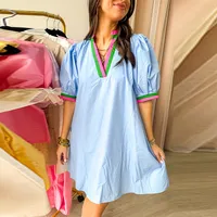Casual Loose Maternity Short Dress Women Summer New Color Block V-Neck Short Sleeve Straight Tube Skirt High Waist Dress main image 1