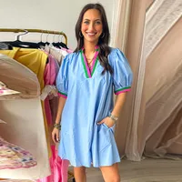 Casual Loose Maternity Short Dress Women Summer New Color Block V-Neck Short Sleeve Straight Tube Skirt High Waist Dress main image 2