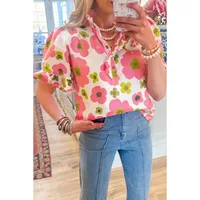 Summer New Style Women's V-neck T-shirt Floral Print Short Sleeve Striped Pattern Button Front Sweet Fresh Loose Fit Top main image 1