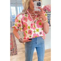 Summer New Style Women's V-neck T-shirt Floral Print Short Sleeve Striped Pattern Button Front Sweet Fresh Loose Fit Top main image 2