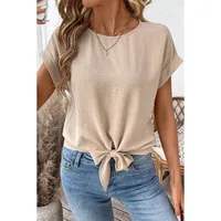 Fashionable Pure Color Short Sleeve T-Shirt Women's Knot Neck Design Casual Style Round Neck Loose Fit Summer New Arrival main image 1