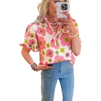 Summer New Style Women's V-neck T-shirt Floral Print Short Sleeve Striped Pattern Button Front Sweet Fresh Loose Fit Top main image 3
