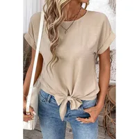 Fashionable Pure Color Short Sleeve T-Shirt Women's Knot Neck Design Casual Style Round Neck Loose Fit Summer New Arrival main image 3