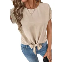 Fashionable Pure Color Short Sleeve T-Shirt Women's Knot Neck Design Casual Style Round Neck Loose Fit Summer New Arrival main image 5
