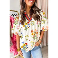 Summer 2025 Women's V-neck Bubble Sleeve Pullover T-shirt Floral Print Casual Loose Fit Short Sleeve Fashion Top main image 1