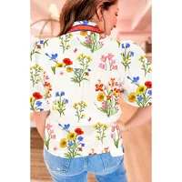 Summer 2025 Women's V-neck Bubble Sleeve Pullover T-shirt Floral Print Casual Loose Fit Short Sleeve Fashion Top main image 2