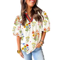 Summer 2025 Women's V-neck Bubble Sleeve Pullover T-shirt Floral Print Casual Loose Fit Short Sleeve Fashion Top sku image 1