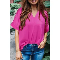 Summer New Loose V-Neck Short Sleeve T-Shirt Women's Commute Simple Match Pure Color Crew Neck Pullover Top Casual Style main image 1