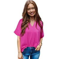 Summer New Loose V-Neck Short Sleeve T-Shirt Women's Commute Simple Match Pure Color Crew Neck Pullover Top Casual Style main image 4
