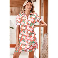 Summer 2025 Floral Print Short Sleeve Women's Dress Loose Fitting Empire Waist Knee Length A-Line Skirt V-Neck Sweet Style main image 2