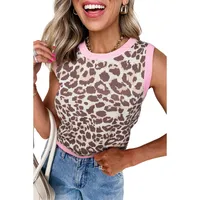 Summer 2025 Women's Knitted Vest Leopard Print Color Block Round Neck Sleeveless Top Casual Fit Cotton Blend Fashionable sku image 3