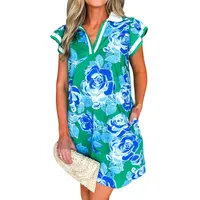 Summer New Floral Print V-neck Women's Dress Straight Leg Short Skirt High Waist Casual Style Color Block Pocket Design main image 5
