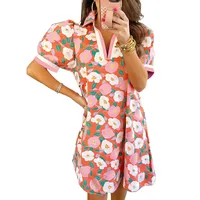 Summer 2025 Floral Print Short Sleeve Women's Dress Loose Fitting Empire Waist Knee Length A-Line Skirt V-Neck Sweet Style main image 4