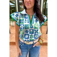 Fashionable Floral Color Block V-Neck Women's Knitted Short Sleeve T-Shirt Summer New Style Lace Trim Casual Loose Fit Top main image 1
