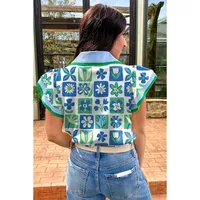 Fashionable Floral Color Block V-Neck Women's Knitted Short Sleeve T-Shirt Summer New Style Lace Trim Casual Loose Fit Top main image 2