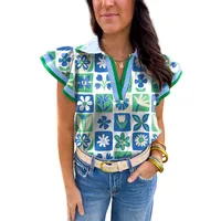Fashionable Floral Color Block V-Neck Women's Knitted Short Sleeve T-Shirt Summer New Style Lace Trim Casual Loose Fit Top main image 3