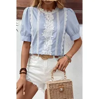 Summer 2025 Women's Lace Splice Printed Chiffon Top Five-Quarter Sleeve Round Neck Commute Style Loose Fit Casual Fashion main image 1