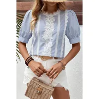 Summer 2025 Women's Lace Splice Printed Chiffon Top Five-Quarter Sleeve Round Neck Commute Style Loose Fit Casual Fashion main image 2