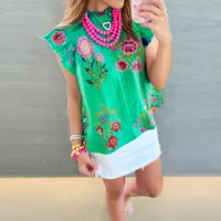 Summer 2025 Women's Loose Casual Floral Print Blouse Ruffle Hem Round Neck Three Quarter Sleeve Tunic Top  Style main image 1