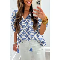Summer 2025 Women's V-neck Half-sleeve Pullover Abstract Print Casual Chiffon Top Loose Fit Regular Sleeve Length Five main image 1